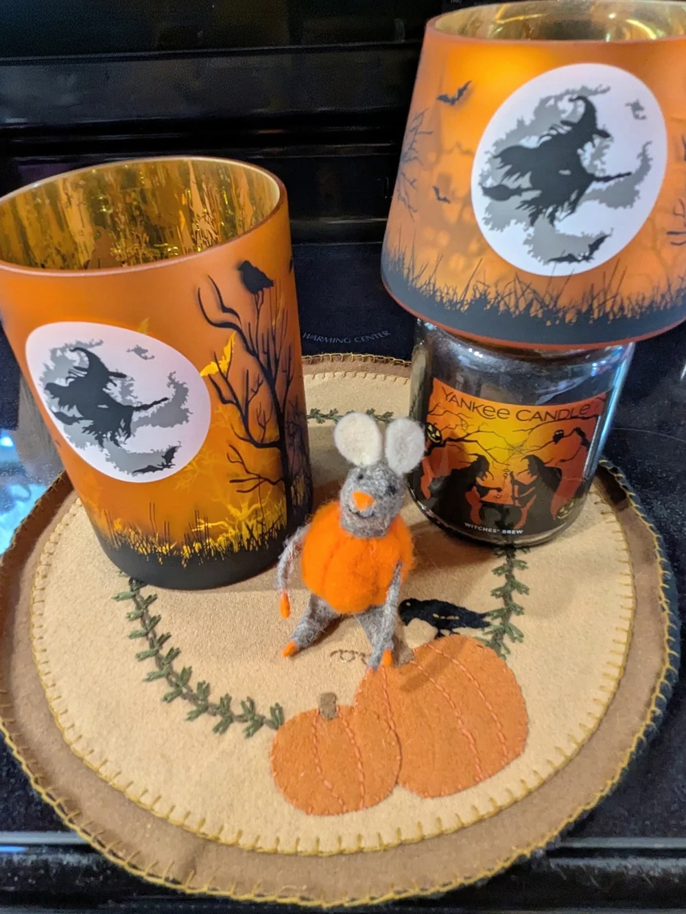 Yankee Candle Orange Halloween Candle Holder Set Witches Moon Jar Shade & Holder